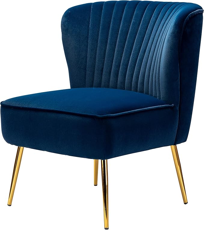 HULALA HOME Velvet Accent Chair Modern Upholstered Cute Side Chair with Gold Metal Legs Armless Wingback Slipper Chair Comfy Living Room Chair for Bedroom Guest Room Vanity Navy