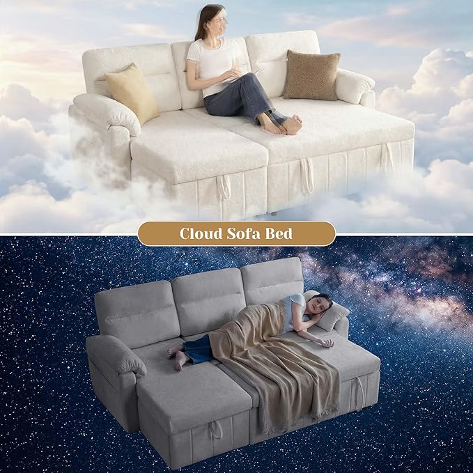 Tbfit 84'' Sleeper Sofa Bed 3 in 1 Cloud Pull Out Sofa Couch with USB &amp Storage Chaise Convertible Sofa Bed with Pull Out Bed Couches for Living Room Apartment Office White Sherpa