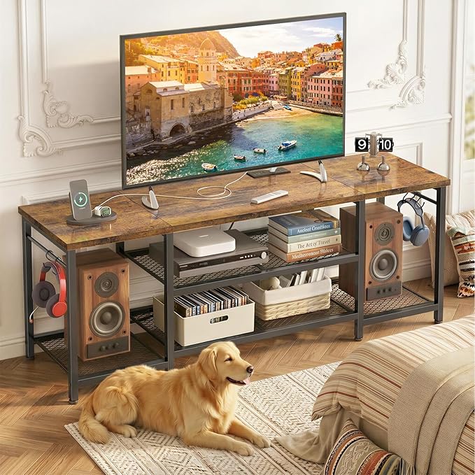 YGEOMER TV Stand for Up to 65 Inch TVs Entertainment Center with Power Outlet and Open Storage Shelves TV Media Console Table for Living Room and Bedroom Rustic Brown