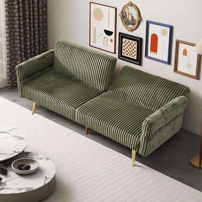 Rovibek Futon Sofa Bed Convertible Futon Couch Bed with Adjustable Backrest 2 Pillows Corduroy Loveseat Futon for Small Spaces Living Room Apartment Office Green