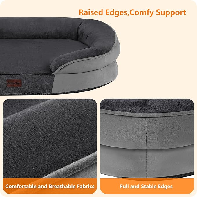 Dwanton Orthopedic Dog Bed for Extra Extra Large Dogs with Gel Memory Foam Waterproof Dog Sofa Washable Pet Bed with Four Sided Bolster Cushion Removable Cover &amp Non-Slip Bottom 48 Dark Gray