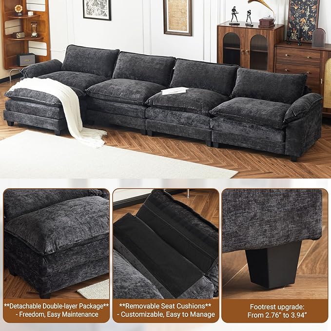 VINGLI 157 Cloud Black Convertible Sectional Sofa Comfy L-Shape Extra Deep Seat Sofa Couch for Living RoomModern Chenille 4-Seat Convertible Sofa with Movable Ottoman for Small Space