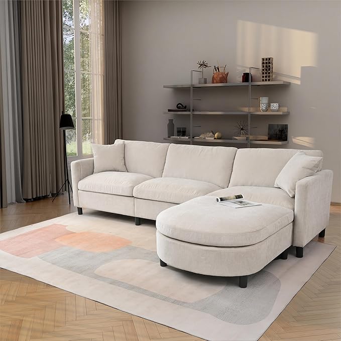 kevinplus 107.87'' Sectional Sofa Couch with Curved Convertible Ottoman for Living Room Modern 3-Seat L-Shaped Upholstered Sectional Couch Sofa for Apartment Polyester Fabric Beige