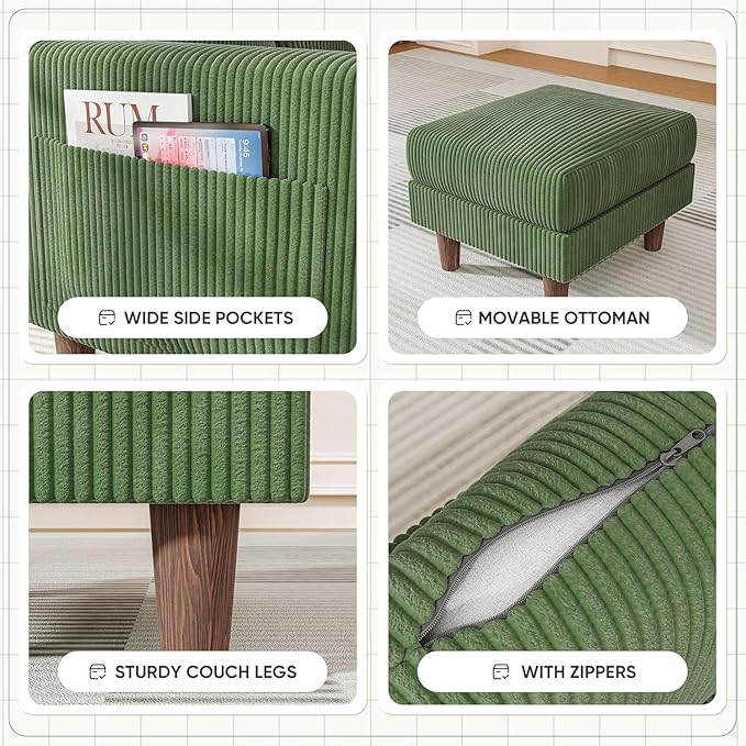 Homall Convertible Sectional Sofa 3 Seat L Shaped Couch with Side Storage Pocket Sofas with Movable Ottoman Corduroy Small Couches for Living Room &amp Apartment (Corduroy Green)