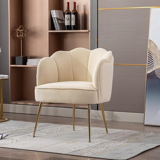 Shell Shape Velvet Fabric Armchair Accent Chair with Gold Legs for Living Room BedroomCreme White