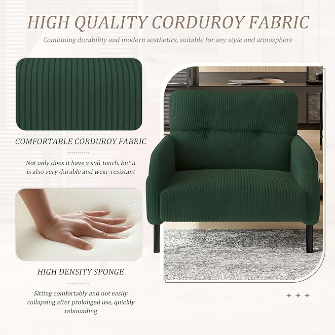 Emerald Accent Chair - Corduroy Living Room Chairs with Side Storage Pockets and Durable Legs Comfy Arm Reading Chair with Soft Backrest for Bedroom Balcony Study Room