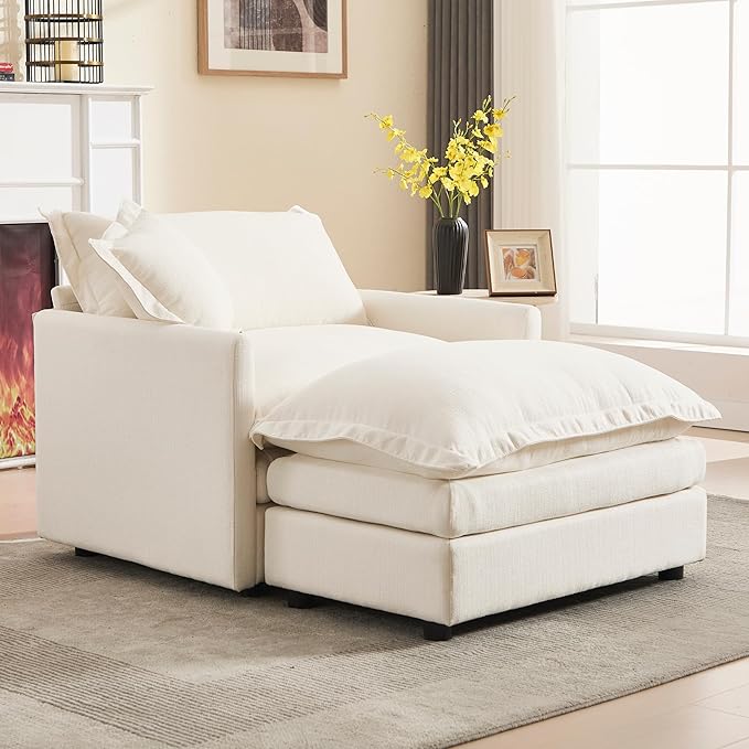 Oversized Chair with Ottoman Upholstered Comfy Single Sofa Chaise Lounge Chair Indoor for Reading Living Room Bedroom Office(Linen White)