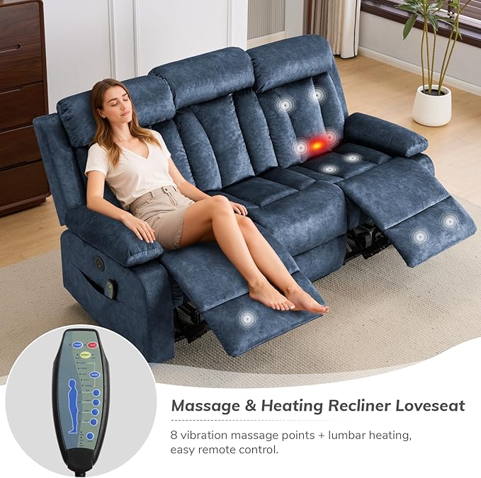 Power Recliner Sofa with Drop Down Table Heat &amp Massage Reclining Sofa Couch with Cup Holders USB &amp Type-C Ports Recliner Couch for Living Room RV Office Apartment