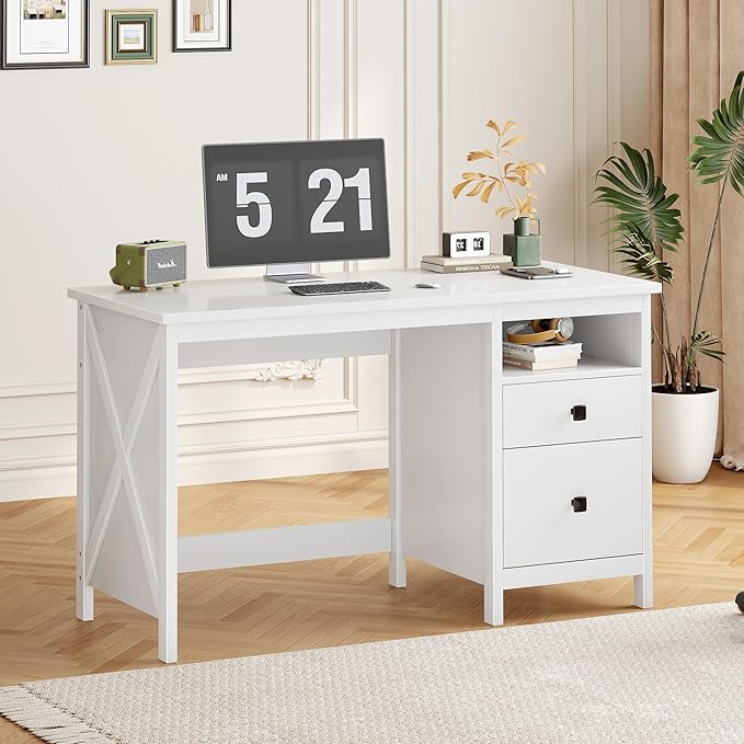 BHG Farmhouse 47 Executive DeskModern White Computer Desk with Storage Drawers for Home Office Makeup Vanity Desk Dressing Table for BedroomFiling Cabinet Writing Table PC Desks for Study