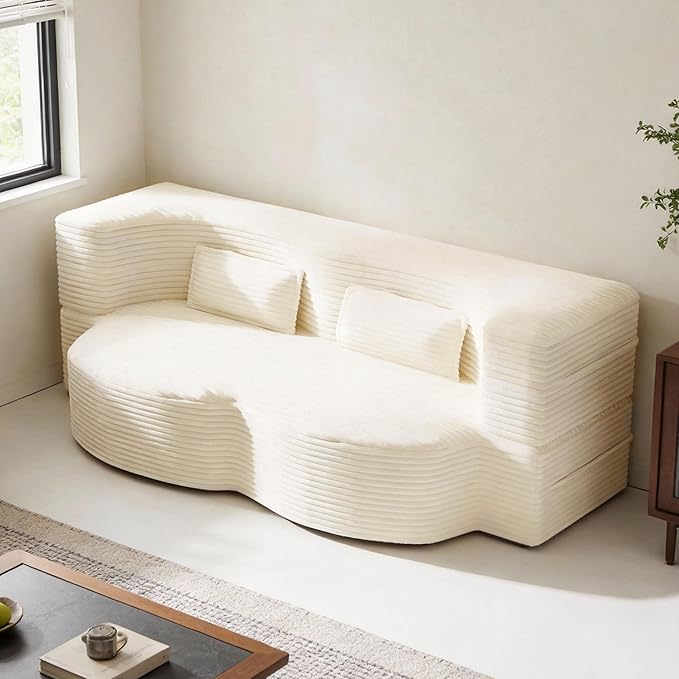 2 in 1 Convertible Compressed Sofa Bed 49'' Modern Boneless Single Sleeper in a Box Floor Mattress Futon Loveseat Couch No Assembly Needed Space Saving Beige Twin 2 Pillows for Living Room