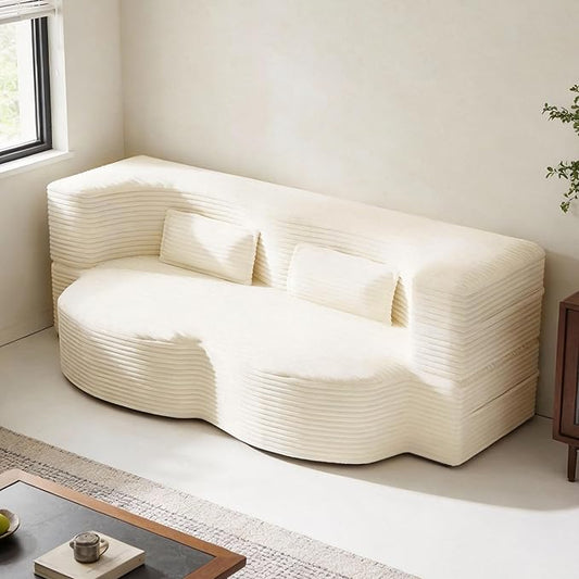2 in 1 Convertible Compressed Sofa Bed 49'' Modern Boneless Single Sleeper in a Box Floor Mattress Futon Loveseat Couch No Assembly Needed Space Saving Beige Twin 2 Pillows for Living Room