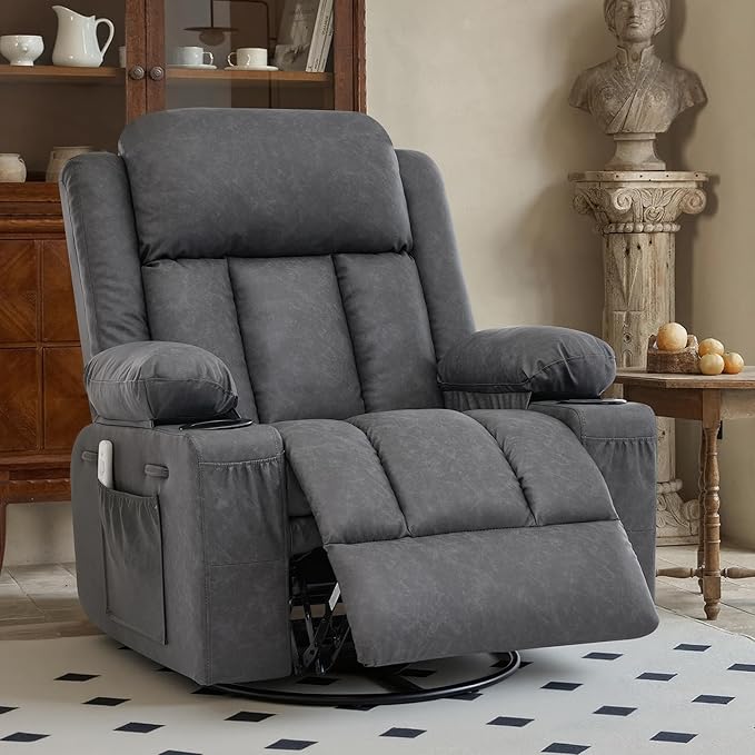 Rocker Recliner Chair with Heat and Massage360°Swivel Recliner Chair for Adults ElderlyOversized Recliner Single Sofa Seat with 2 Cup Holders and Side Pocket (Grey)