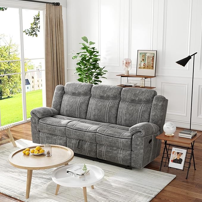 Acme Furniture Zubaida 41 x 87 Modern Velvet Reclining Sofa with USB Dock 1 Storage Drawer Tight Back &amp Seat Cushion in 2-Tone Gray Finish