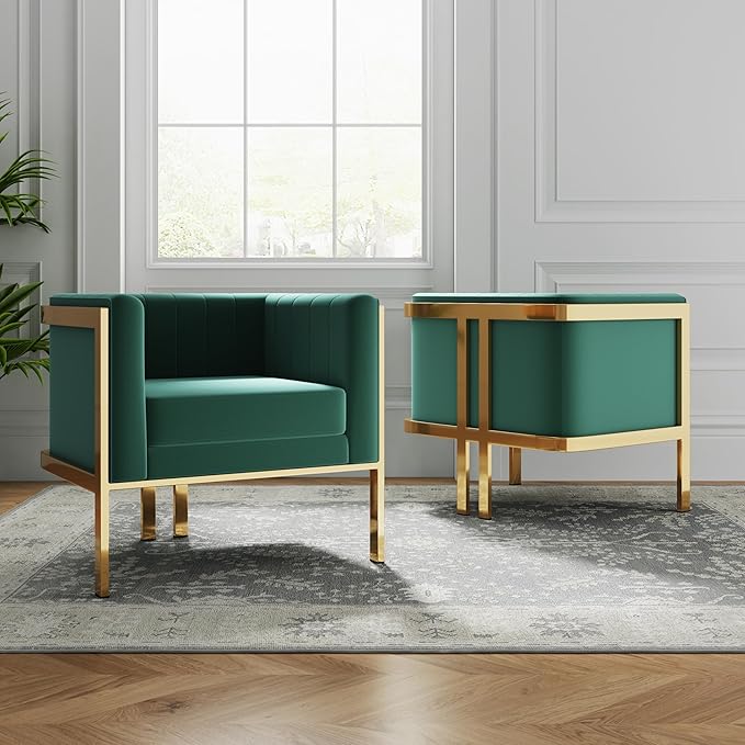Manhattan Comfort Paramount Velvet Accent Armchair Set of 2 Polished Brass Frame with Geometric Legs Art Deco Chair 1920s Glamour Fully Assembled Living Room Lounge Seat Forest Green
