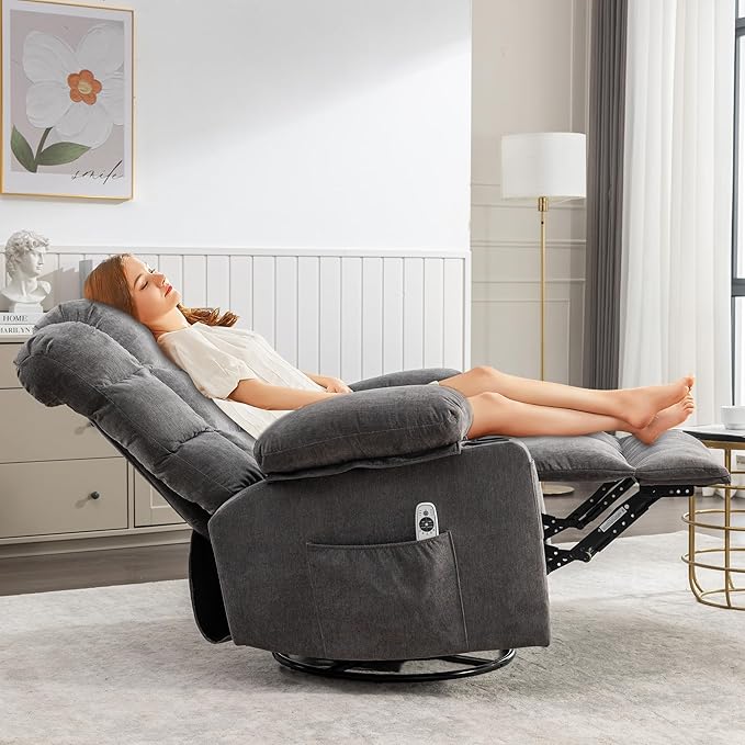 Massage Rocker Recliner Chair with Heat and Vibration Ergonomic Rocking Lounge Chair for Living Room Comfy with 2 Side Pockets 2 Cup Holders USB Charge Port (Grey)
