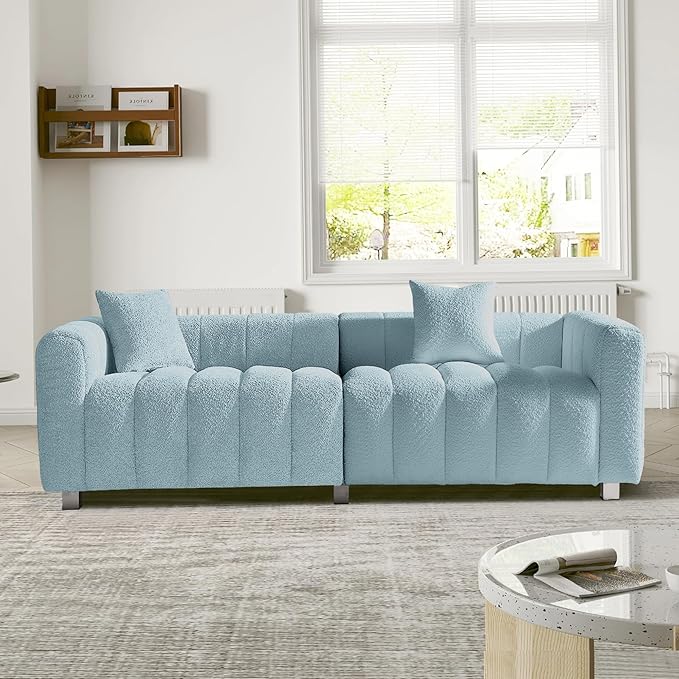 SZLIZCCC 87.4 Modern Upholstered Sofa Piano-Key Tufted Teddy Velvet Couch 3-Seater Comfortable Living Room &amp Office Sofa (Blue)