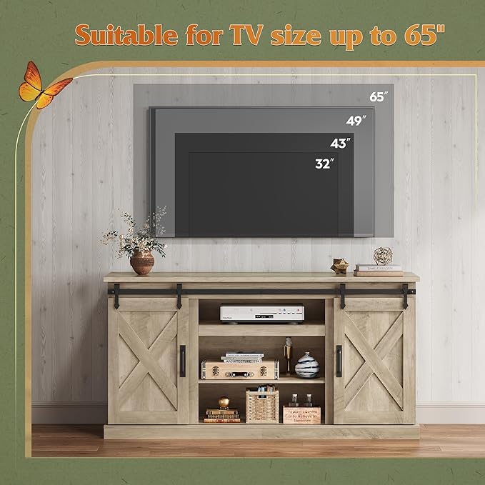 WLIVE Farmhouse TV Stand for TVs up to 65 Modern Media TV Console with Sliding X-Shaped Barn Doors Entertainment Center with Storage Cabinets for Living Room Grey Oak