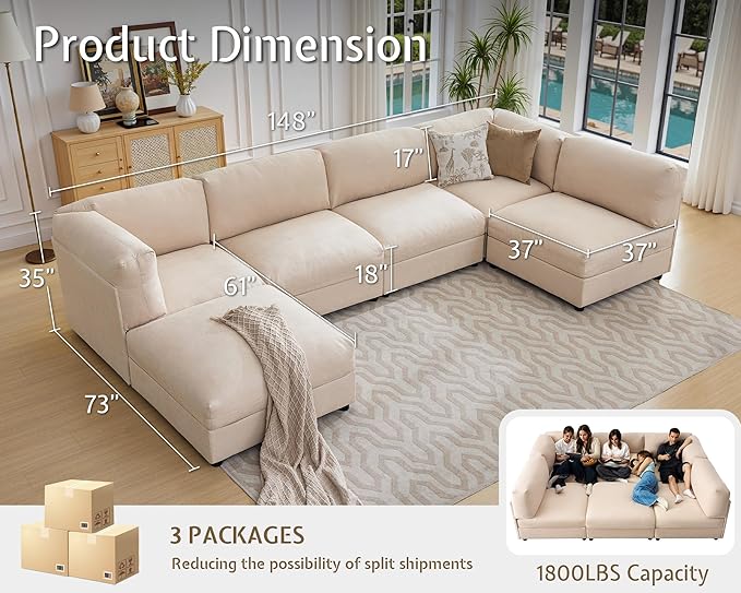 Jocisland 148 Wide U-Shaped Modular Sectional Sofa Convertible Oversized Couch with Ottoman for Living Room Easy Assembly Flexible Layout Scratch-Resistant Linen Beige
