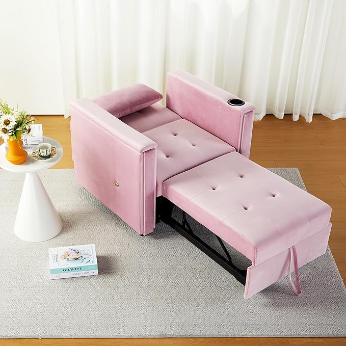 Velvet Convertible Chair Bed 3 in 1 Multi-Functional Lounge Chair Sleeper Pull Out Couch Guest Bed with Hidden Table and Adjustable Backrest for Living Room Small Space Apartment (Pink)