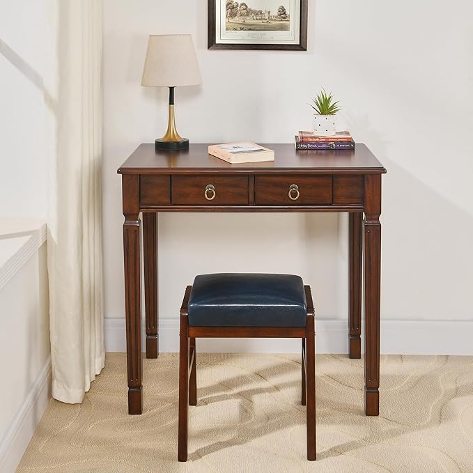 Small Computer Desk With 2 Storage Drawers 31.5 Home Office Desks-  Elegant Wood Writing Desks with Carved Legs Classic Vanity Dressing Table For Small Space Easy Assembly Caramel Brown SSZ-D1258