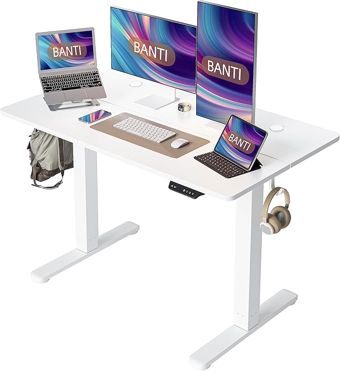 BANTI 48'' Standing Desk Height Adjustable Electric Stand up Corner Desk Sit Stand Home Office Desk Computer Workstation with Memory Preset White Frame/White Top