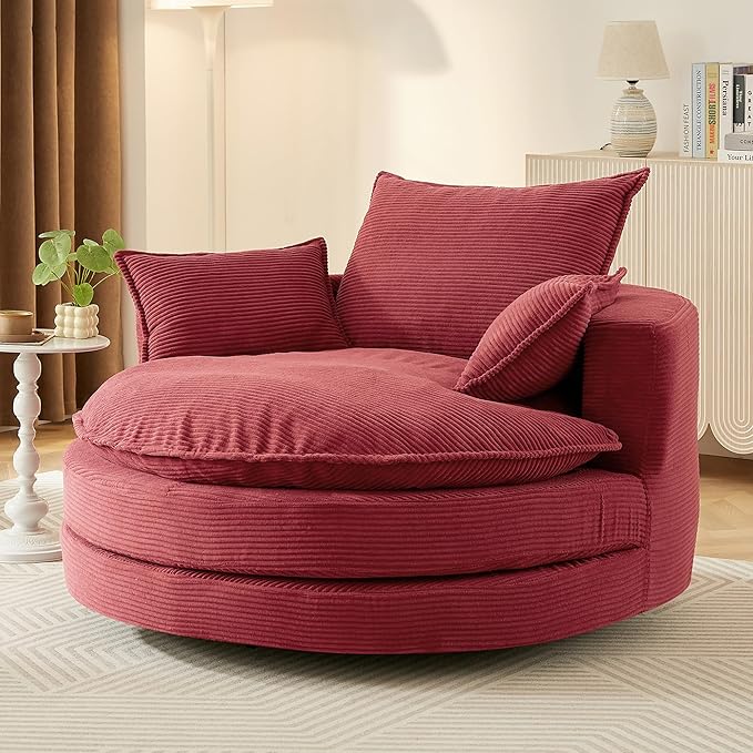 Eafurn 57.5 Oversized Swivel Barrel Chair with Dual-Layer Cloud Cushion Modern Corduroy Accent Round Chair for Living Room 360° Rotating Lounge Armchair with 3 Pillows for Bedroom &amp Reading Noo