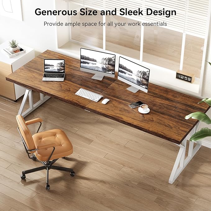 LITTLE TREE 78.7 Inch Large Executive Desk Modern Computer Office Desk Wooden Writing Desk Study Table for Home Office Rustic Brown-White