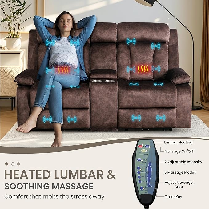 Power Reclining Loveseat with Heat &amp Massage Dual Recliner Sofa with Console Cup Holders USB &amp Type-C Ports 2 Seater Electric Reclining Couch for Living Room RV (Brown 2 Seat)