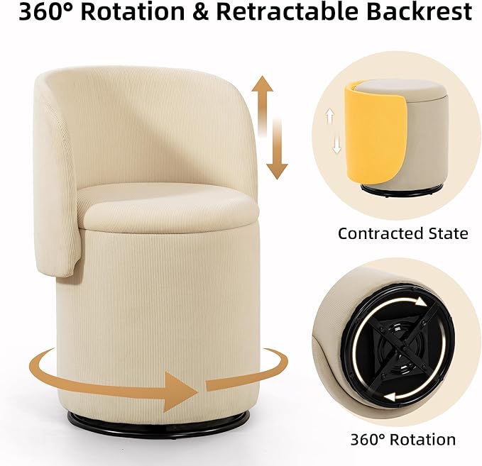 Round Vanity Chair with Storage &amp Cat Bed Stool Upholstered Small Swivel Accent Chair with Hidden Storage Makeup Barrel Chair for Bedroom Living Room (Stripes)