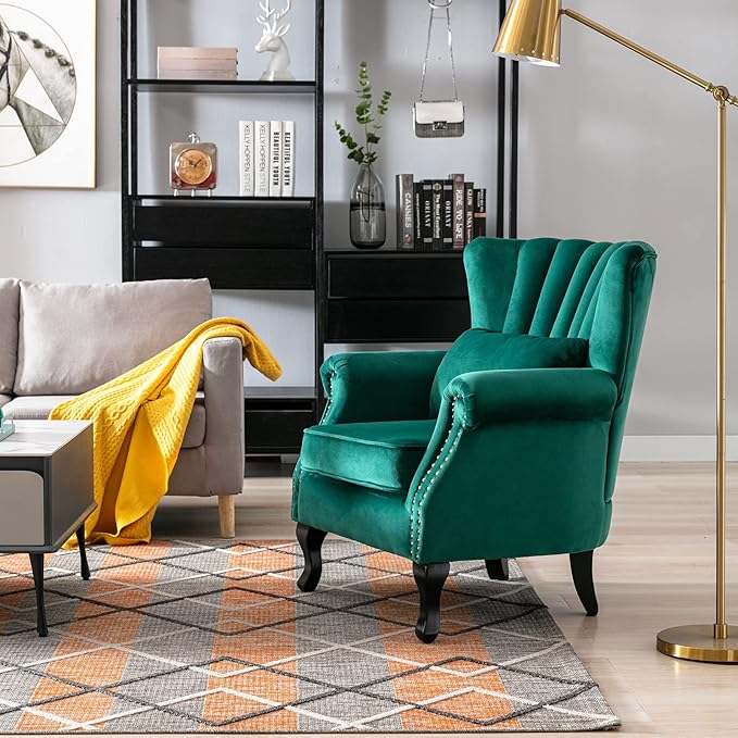 Accent Reading Arm Chairs Midcentury Modern Comfy Corner Sofa Chair Wingback Waiting Room Club Chair with Tufted Back for Living Room/Bedroom/Reception Room Velvet Green