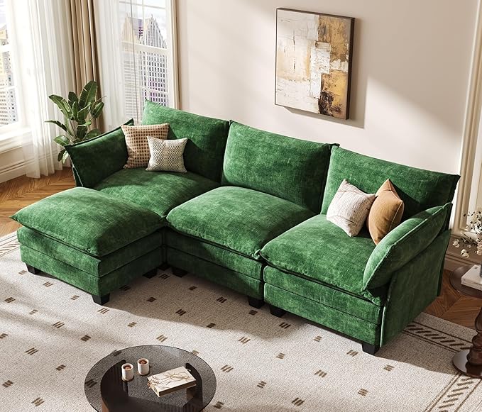 KKL 91.3 Modular Sectional Sofa L-Shaped 4 Seater Cloud Couch with Ottoman Chenille Modern Sectional Couches for Living Room Apartment Green