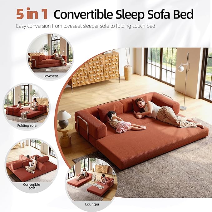5-in-1 Folding Convertible Sofa Bed Loveseat Sleeper with Pull-Out Bed Floor Sofa Modular Futon Couch 79 Oversized Corduroy Upholstered Boneless Couch for Living Room Bedroom Lounge Orange-A