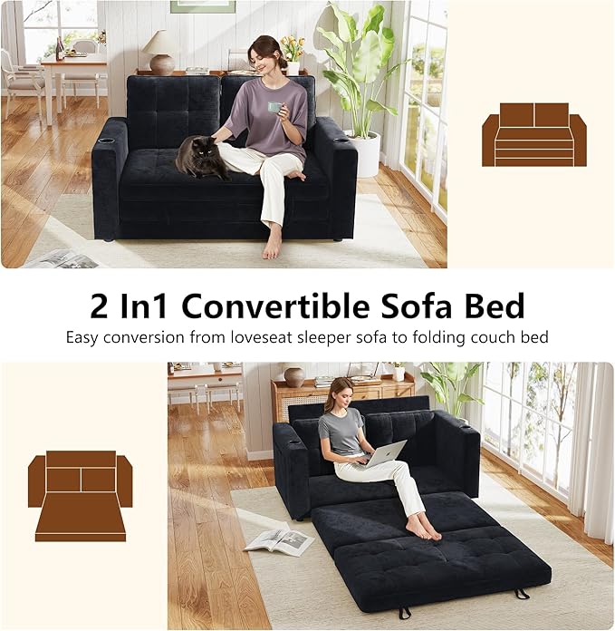 WorthFurni Convertible Sofa Bed Folding Sofa Bed 2 in1 Pull Out Loveseat Sleeper Sofa Floor Sofa Bed for Small Spaces Folding Couch Bed with Pillows for Living Room Bedroom - Black
