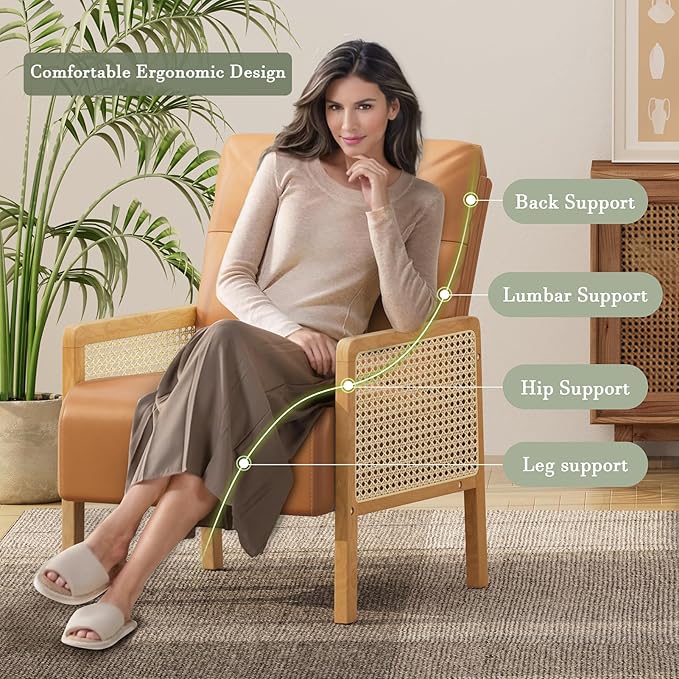 Rattan Accent Chair with Rattan Arms Mid Century Modern Chair for Living Room Faux Leather Upholstered Comfy Chair for Bedroom Reading Room Home Office Whisky Brown