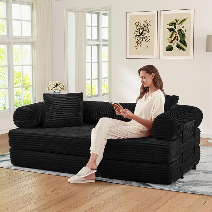 78.5W Convertible Folding Sofa Bed Corduroy Upholstered Queen Size Foam Floor Couch with Fixed-Shaped Frame Loveseat Sleeper Compression Sofa Foldable Mattress for Living Room Bedroom(Black)
