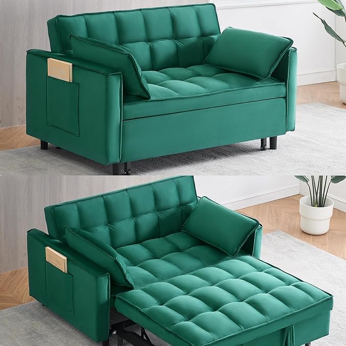 55 Sleeper Loveseat3 in 1 Sofa BedPull Out Couch Bed with 2 Pillows and Side PocketsVelvet Convertible Bed for Small Spaces Living Room (Green)
