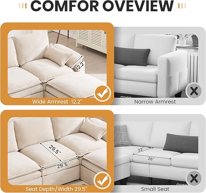 100 L Shaped Modular Sectional Sofa Couch with Ottoman Storage Chenille Cloud Couch with Plush Deep Seating for Living Room Bedroom (Beige 4 Seat)