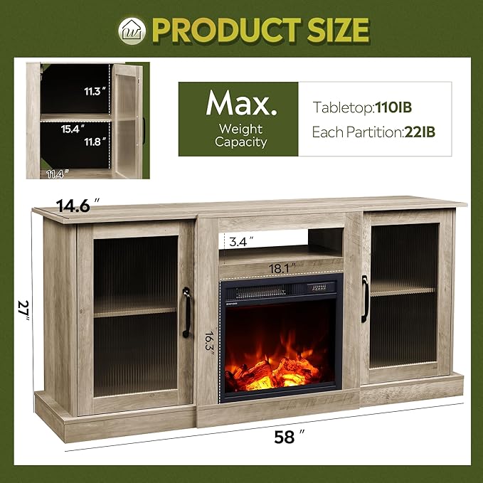 WLIVE Fireplace TV Stand for 65 TV Entertainment Center with 18 Inch Electric Fireplace TV Console with Open Shelves for Living Room and Bedroom Greige
