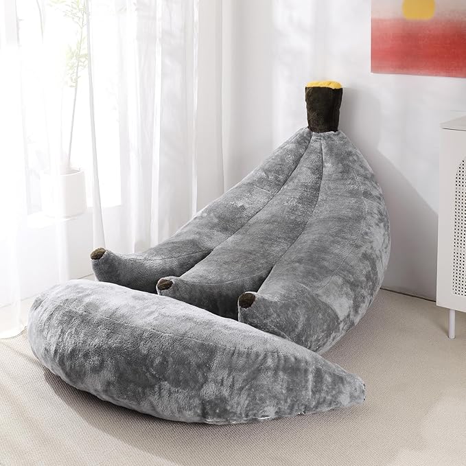 Banana Bean Bag Chair with Ottoman Floor Sofa Bed with Footrest Comfy Convertible Lounger for Adults Plush Couch for Bedroom Living Room or Dorm L-Grey