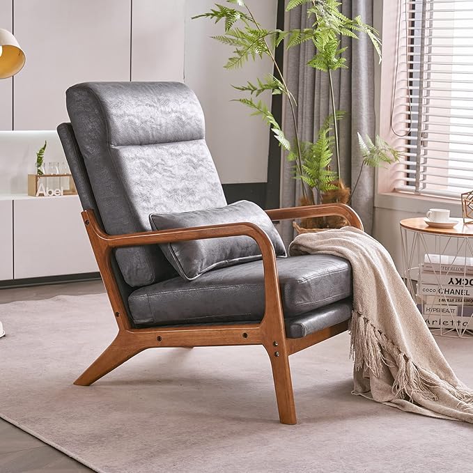 Mid-Century Modern Accent Chair with CushionHigh Back Solid Wood Armrest Chairs Backrest Linen Fabric Indoor Leisure Chair for Living RoomBedroomReadingBalcony (Dark Grey)