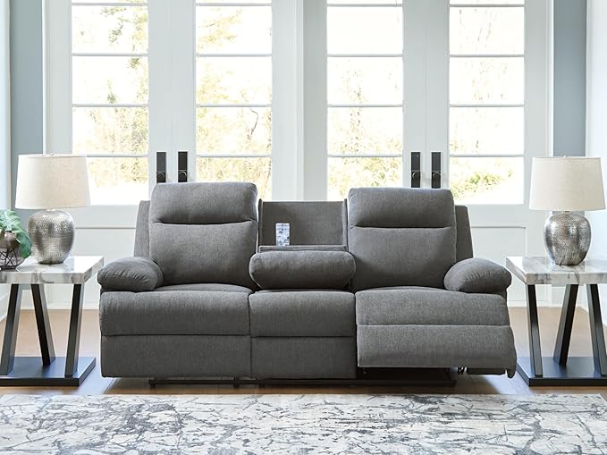 Signature Design by Ashley Yarrow Lane Classic Chenille Manual Pull Tab Reclining Sofa with Drop Down Table and USB Charging Gray