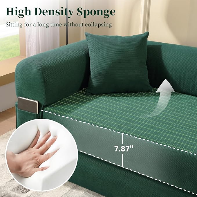 KBQ 3-Seat Convertible Sleeper Sofa Bed with 2 Pillows Corduroy Folding Mattress Couch Floor Sofa Lounge Couch for Living Room Bedroom Lounge Studio Deep Green