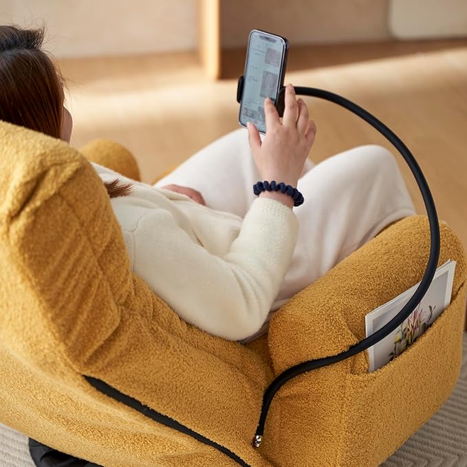 Gwen Upholstered 360° Swivel Chair Lounge Chair with Adjustable Backrest/Headrest Metal Frame Living Room Lounge Sofa and Phone Holder Comfy Bean Bag Chair Yellow