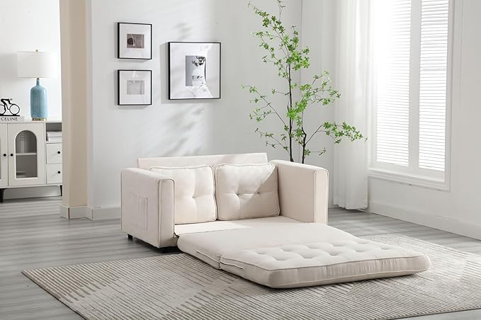 ERYE 55-Inch Loveseat Sofa with Pull Out Sleeper Couch Bed 3-in-1 Convertible Sleeper Sofabed W/Side Storage Pockets Modern 3 Fold Tufted Upholstered Pull Out Sofa Bed for Living Room Bedroom