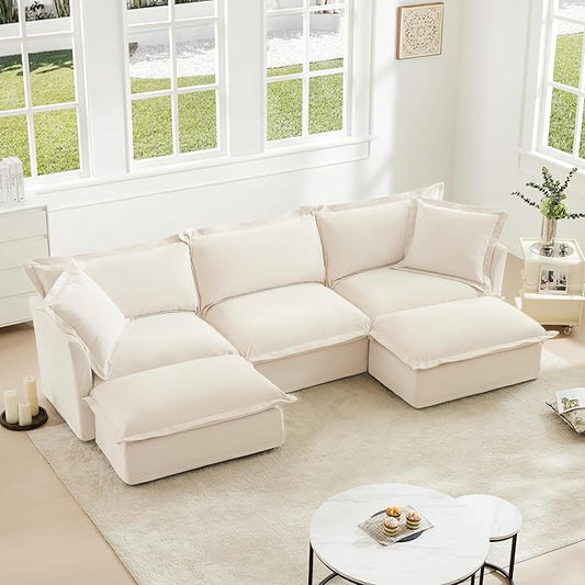 Modular Sectional Sofa Cloud Couch 120 U Shaped Sofa Comfy 3-Seat Couch with Ottoman &amp Removable Cover Oversized Sofas Set for Living Room Apartment Beige Chenille