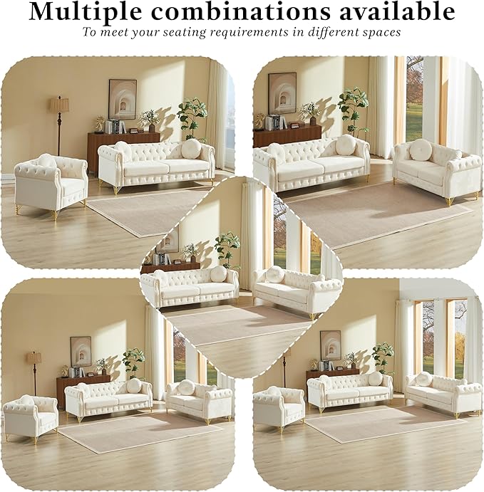 KEIKI 82 inch Chesterfield Sofa Retro Style Upholstered 3 Seat Velvet Couch with Rolled Arm for Living Room Bedroom Office Apartment Beige