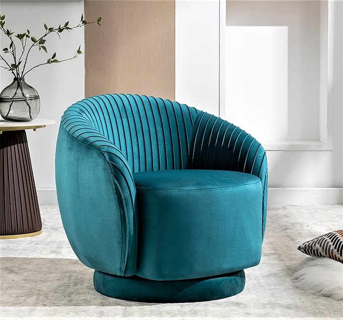 Modern Barrel Swivel Chair with Plush Velvet Upholstery and Smooth 360° Rotation Round Accent One-Seater Sofa for Living Room Bedroom and Office Greenish Blue