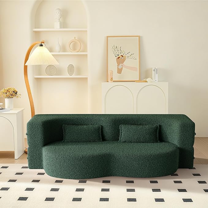 78 Convertible Sofa Bed 2-in-1 Folding Floor Couch with 2 Pillows Sleeper Sofa for Living Room and Bedroom No Assembly Required (Green Teddy Fabric)