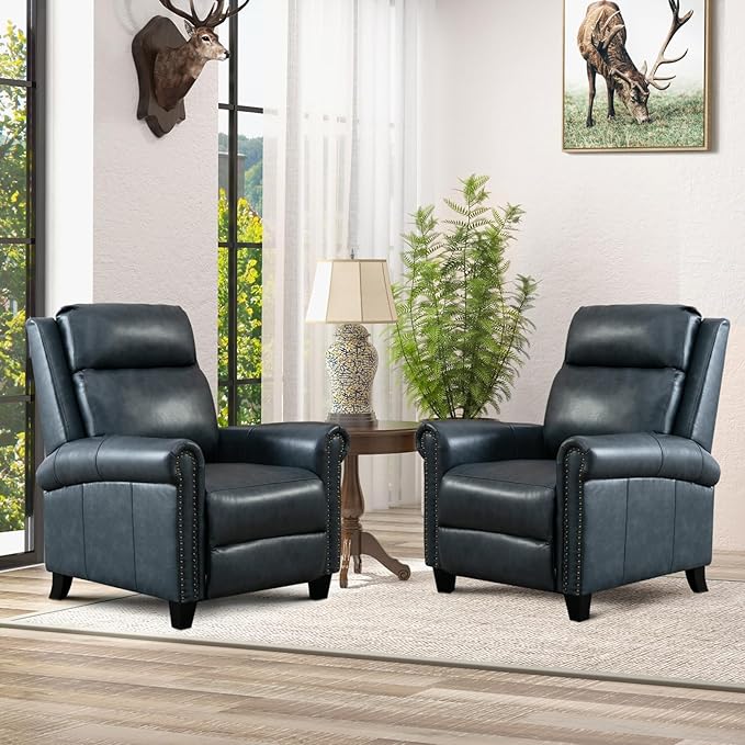 CANMOV Leather Recliner Chair Set of 2 Classic and Traditional Push Back Recliner Chair with Comfortable Arms and Back for Living Room Bedroom Adjustable Single SofaNavy Blue