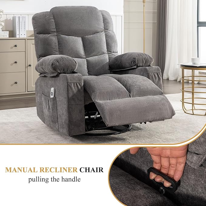 Oversized Massage Swivel Recliner Chair with Lumbar Heating 360° Swivel &amp Rocker 8-Point Vibration Massage USB Port &amp Cup Holders for Living Room Office Adult(Gray)
